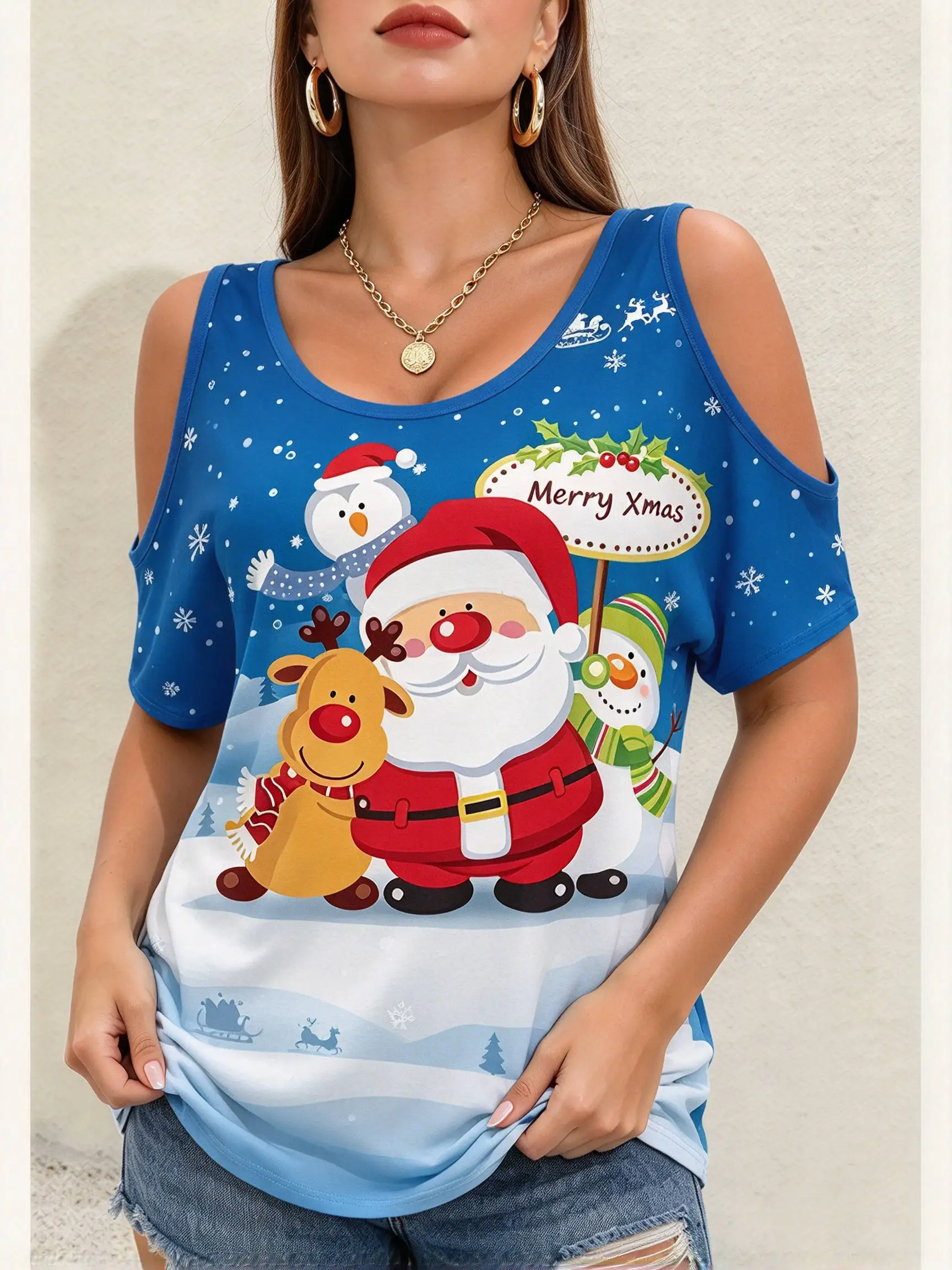 Cartoon Santa Claus Print Women T-shirts Fashion Loose Cold Shoulder Tops Funny Snowman Pattern Short Sleeve Tees X'mas Clothing