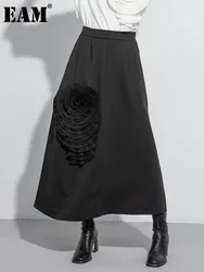 [EAM] High Elastic Waist Black Three-dimensional Flower Casual Half-body Skirt Women Fashion Tide New Spring Autumn 2024 1DH5073