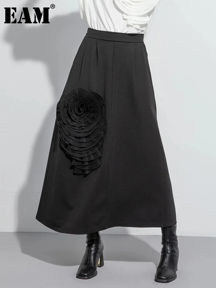 [EAM] High Elastic Waist Black Three-dimensional Flower Casual Half-body Skirt Women Fashion Tide New Spring Autumn 2024 1DH5073