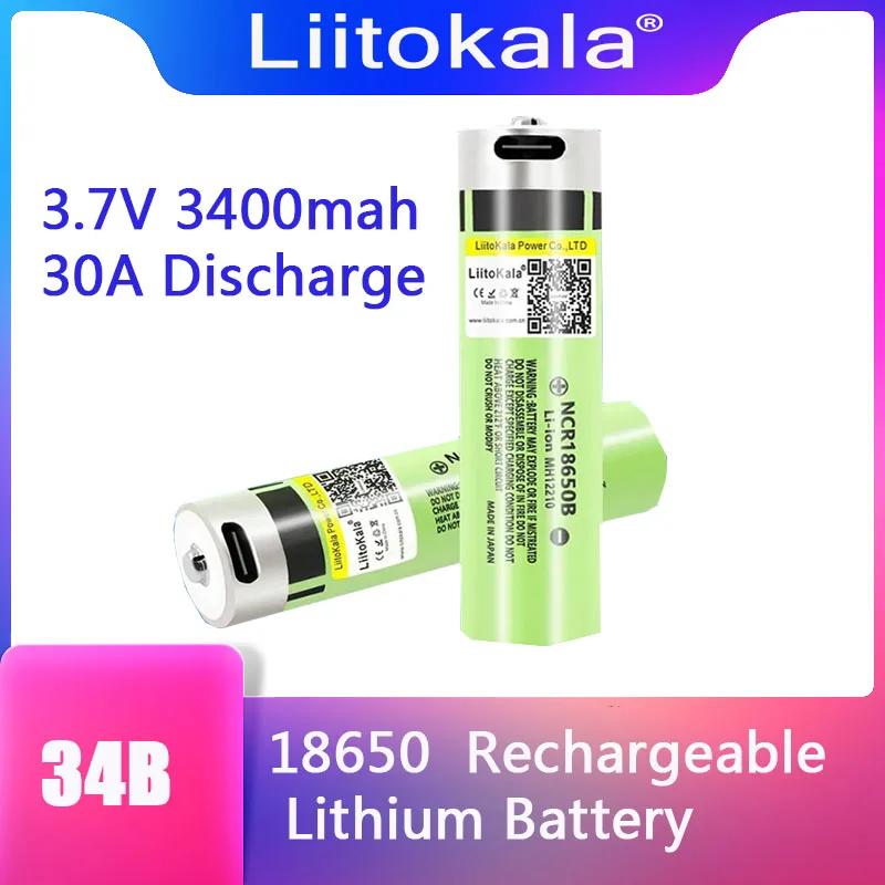 

1-30PCS LiitoKala USB-34B NCR18650B USB Rechargeable Battery 18650 3400mAh 3.7V with PCB for Flashlight Car Toys Radios