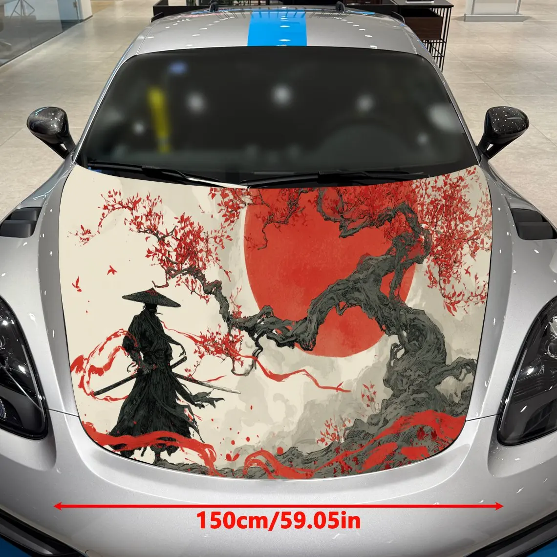 Falling Cherry Blossom Red-moon Swordsman Pattern car hood stickers, waterproof self-adhesive, scratch resistant, easy to stick,