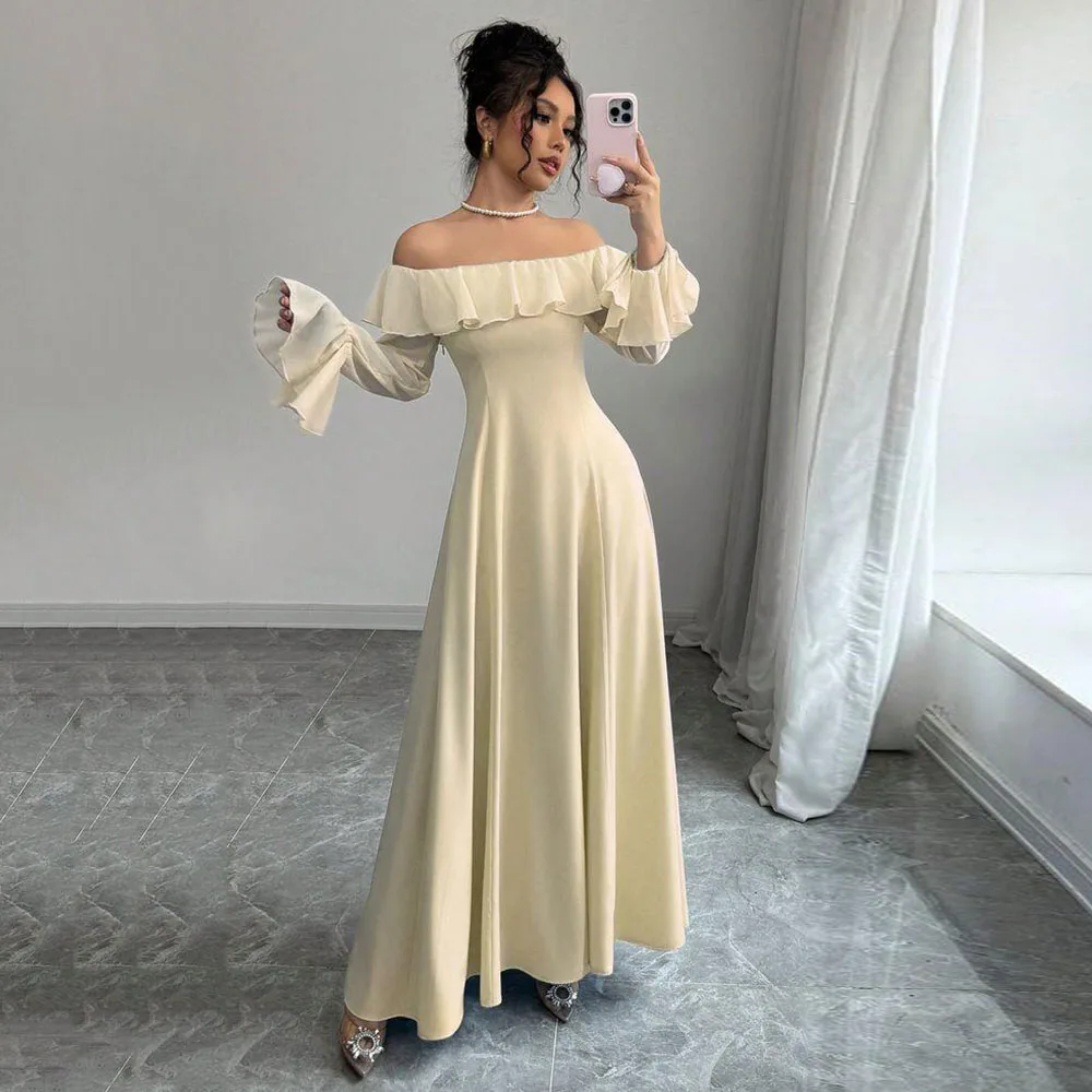 

Modern Style Off The Shouder A Line Three Quarter Evening Dresses Floor Length Sweep Train Banquet Celebrity Female Gown Classic
