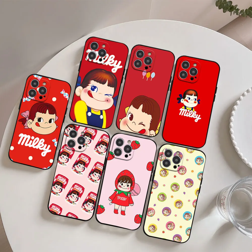 Cartoon Milky Peko Phone Case For iPhone 11 12 13 14 15 16 Max Pro Plus Black Soft Shell