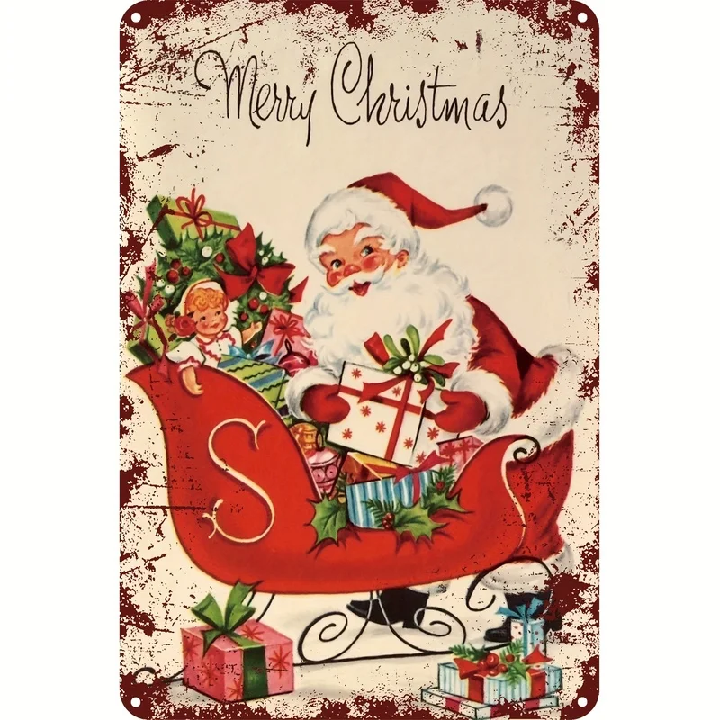 Vintage Merry Christmas Santa Claus Sleigh 2D Flat Decorative Sign Plaque, Iron 8X12 Inch, for Home Wall Door Cafe Bar Xmas Holi