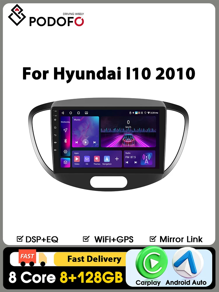 Podofo 9" Carplay Autoradio für Hyundai I10 2010 Intelligentes Autoradio Android Auto GPS-Navigation KI-Sprachsteuerung WIFI 27G FM RDS Mirrorlink Geteilter Bildschirm