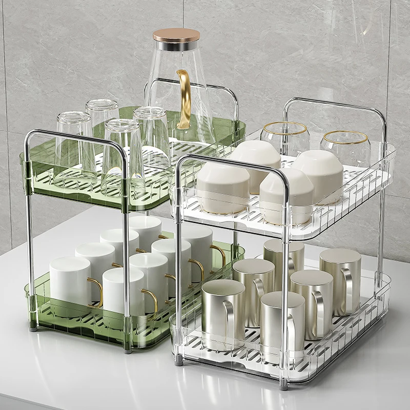 Water Cup Storage Tray Double Layer Kitchen Dishes Drainer Spice Bottles Cans Holder Organizer Desktop Cosmetic Storage Shelf