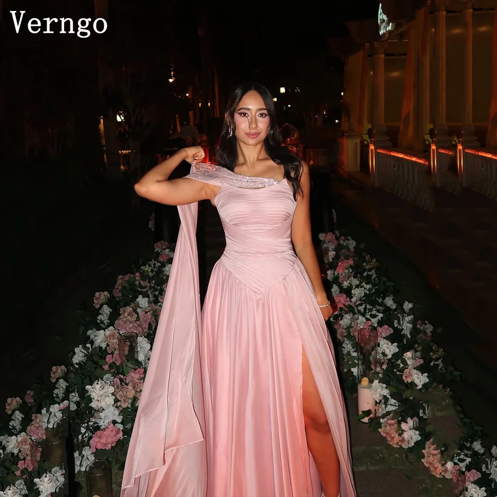 

Verngo Pink Shiny Satin Evening Dress Sequined A Line Scarf Formal Occasion Dress Elegant Prom Party Dress Customized