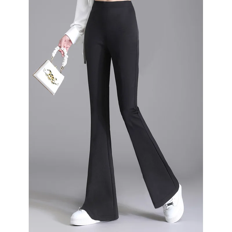 2025 Elegante elastische flare broek dames effen zwarte normale taille afslankende casual dagelijkse broek