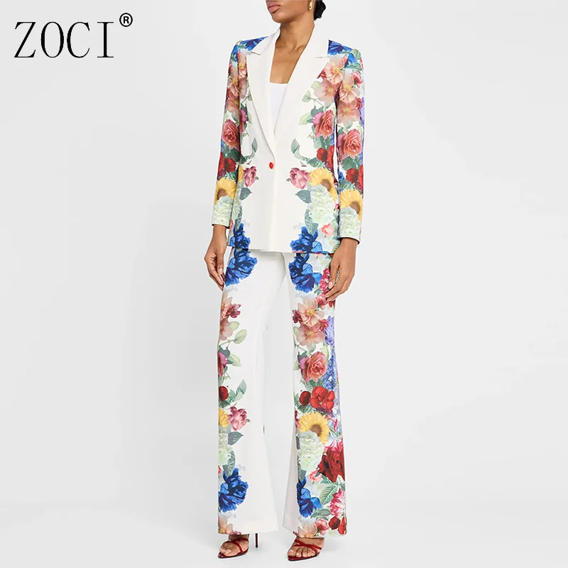 

ZOCI Women Flower Print 2-Piece Set Sexy Long Sleeve Single Buckle Jacket+Straight Trousers Suits Evening Party Cocktail Sets