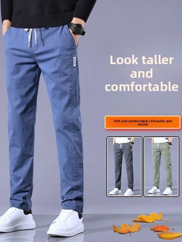 

Летние мужские повседневные брюки 2026 года: комфортные, прямые, с поясом, на резинке, универсальные, из смесового полиэстера и хлопка, для молодежи...