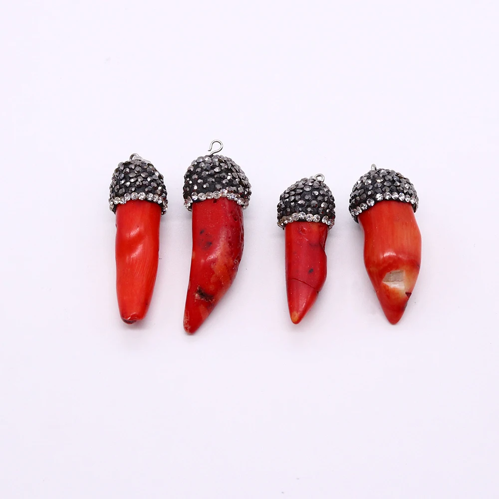 1pc Natural Sea Bamboo Red Coral Pendant Chili Shaped Exquisite Water Diamond Jewelry Making Exquisite Charm Necklace Earrings