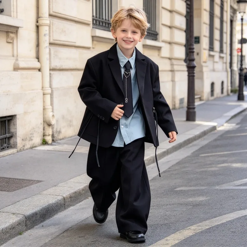 Teen Boys Suit Set Kids Black Loose Blazer Wide Leg Pants Drawstring Children Korean Vintage Casual Outfit Spring Autumn 2-14Y
