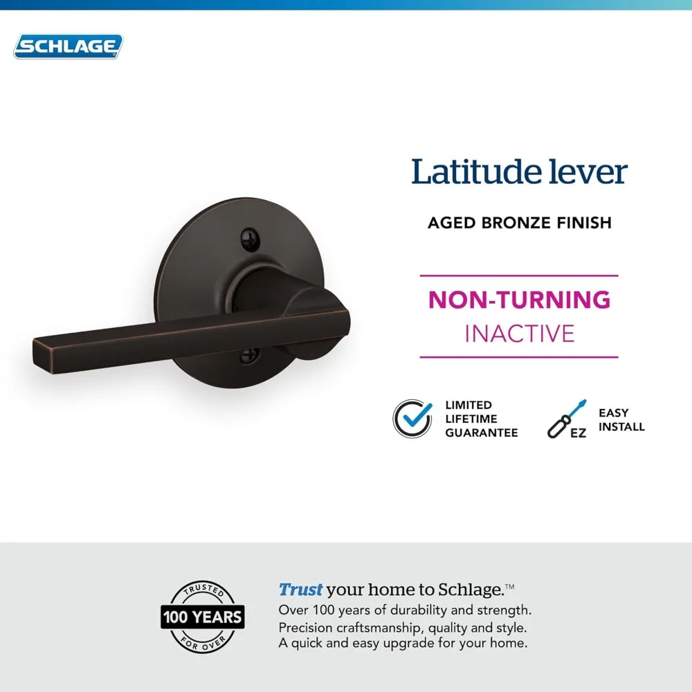 Schlage F170 LAT 716 Latitude 도어 레버, 단면 비회전 더미 도어 핸들, 에이지드 브론즈