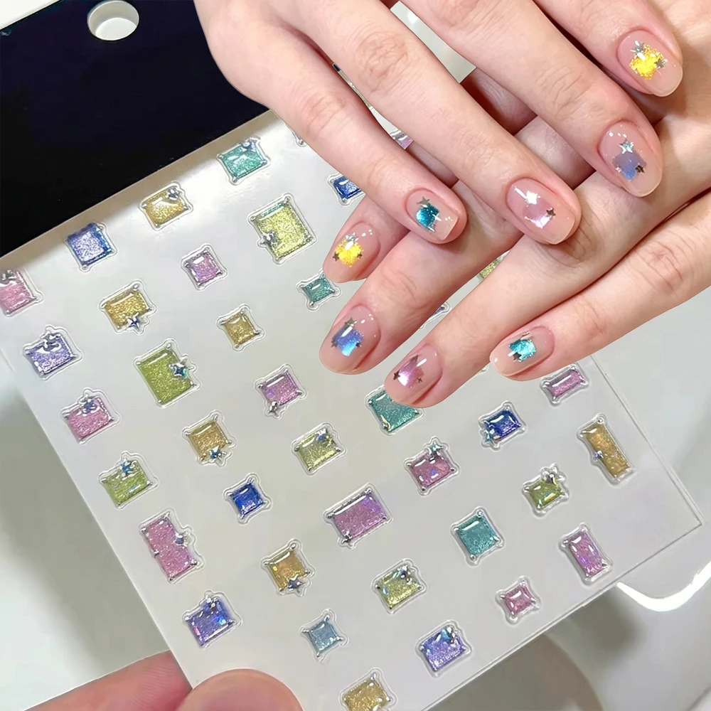1Pcs Colorful Cat Eye Square Gem Nail Sticker 3D Shiny Sugar Cube Little Star Self-Adhesive Nail Decals Rectangular Gemstone Dec