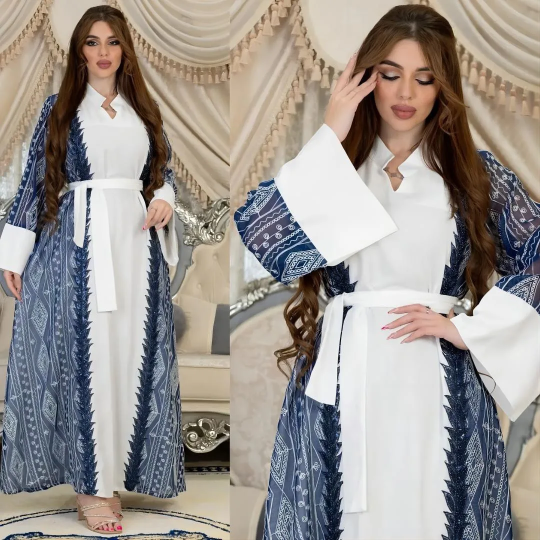 AB378 2024 Arab Dubai Color blocked Mesh Embroidered Bead Embroidered Muslim Dress with Belt