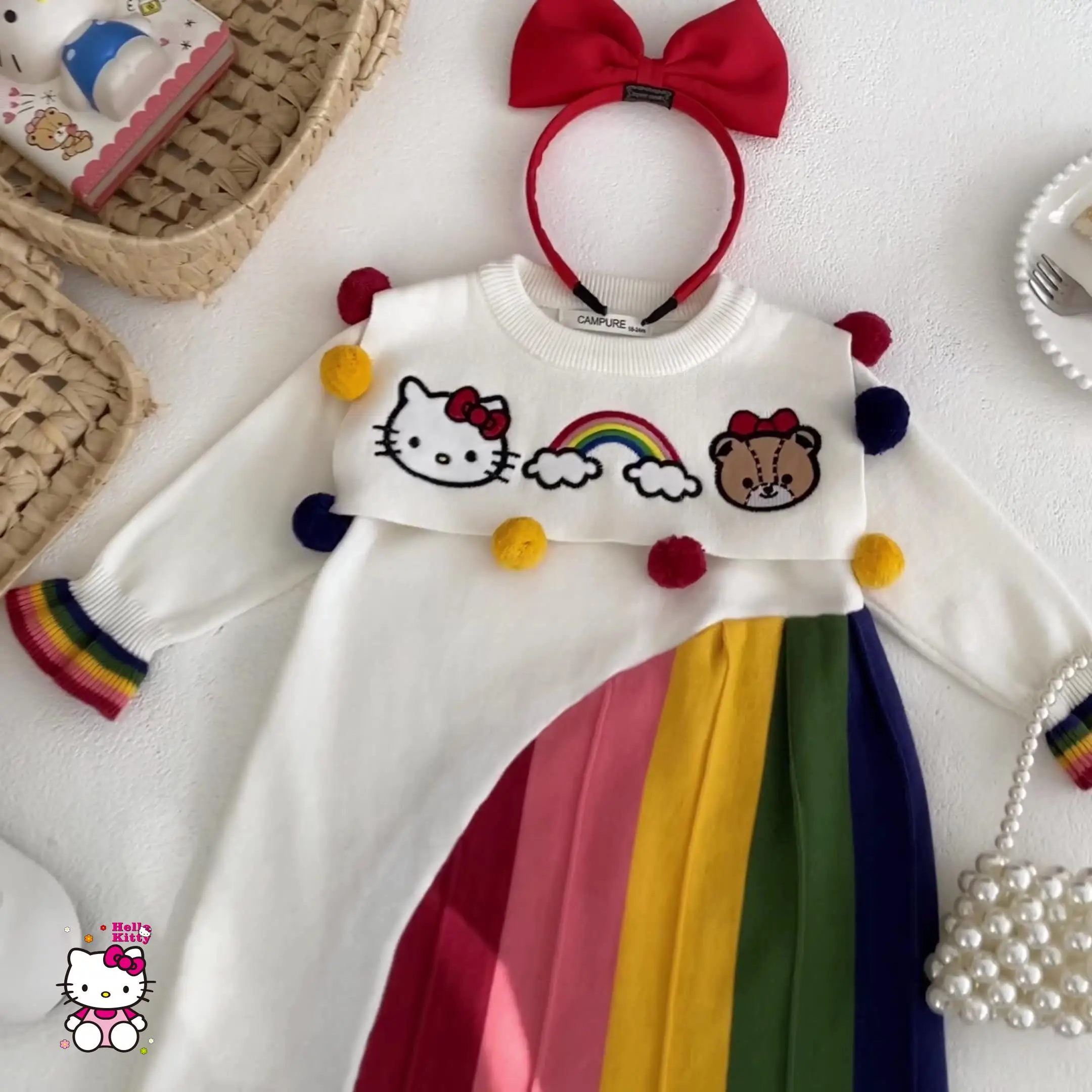 Sanrio – robe tricotée Hello Kitty, Kawaii, mode automne et hiver, manches longues, broderie d'étudiant, vêtements décontractés pour enfants