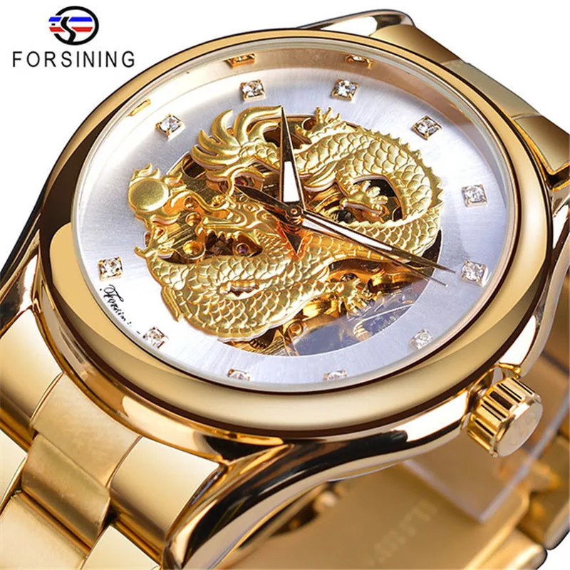 Fashion Forsinining Top Brand Men\'s Casual Steel Dragon Personality Design Hollow Waterproof Automatic Mechanical Wrist Watches