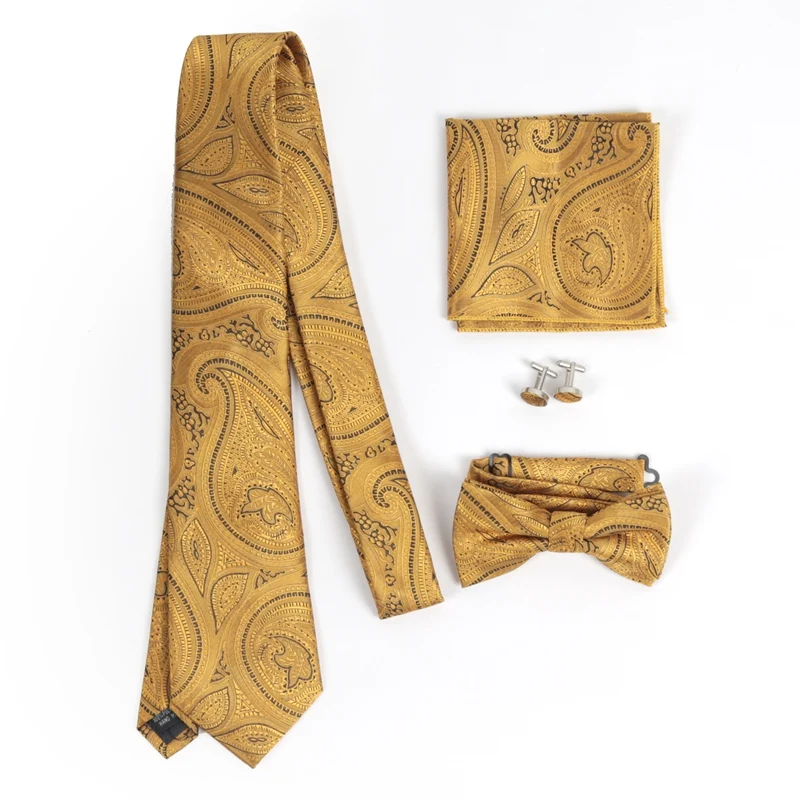

Men Gold Color Jacquard Tie Set Gravatas Fashion Woven 8cm Luxury Necktie Wedding Man Paisley Party Office Neck Tie Accessories