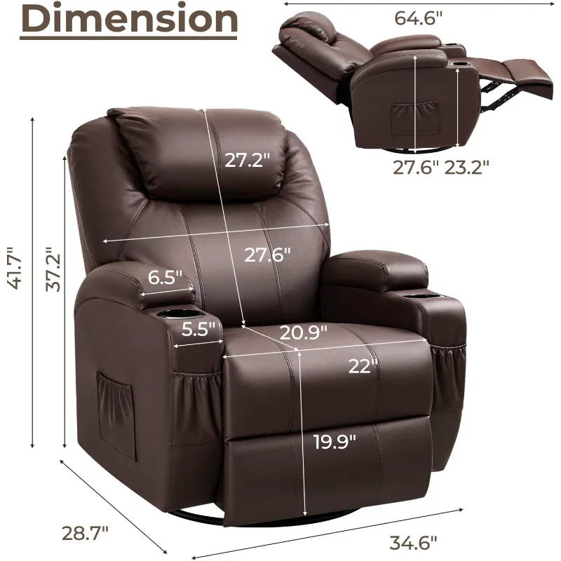 Rocker Recliner Chair with Massage for Elderly, Leather Adjustable 360°Swivel Rocking Sofa for Living Room with Remote Control