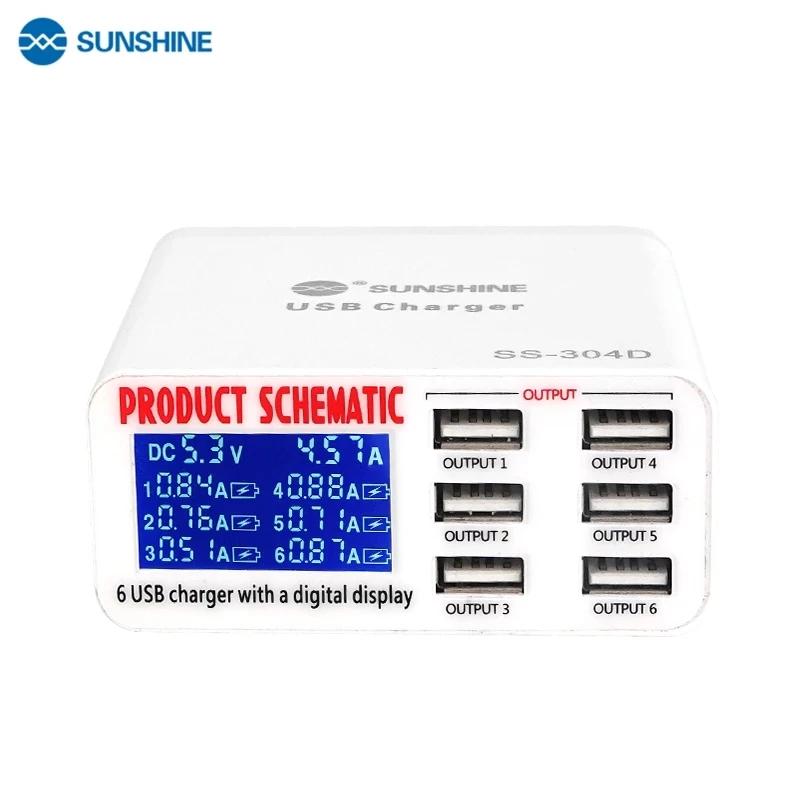 

Sunshine SS-304D Universal 6-Port USB Fast Charger 5V 6A Digital Display Fast Charger for iPhone and Other Electronic Devices