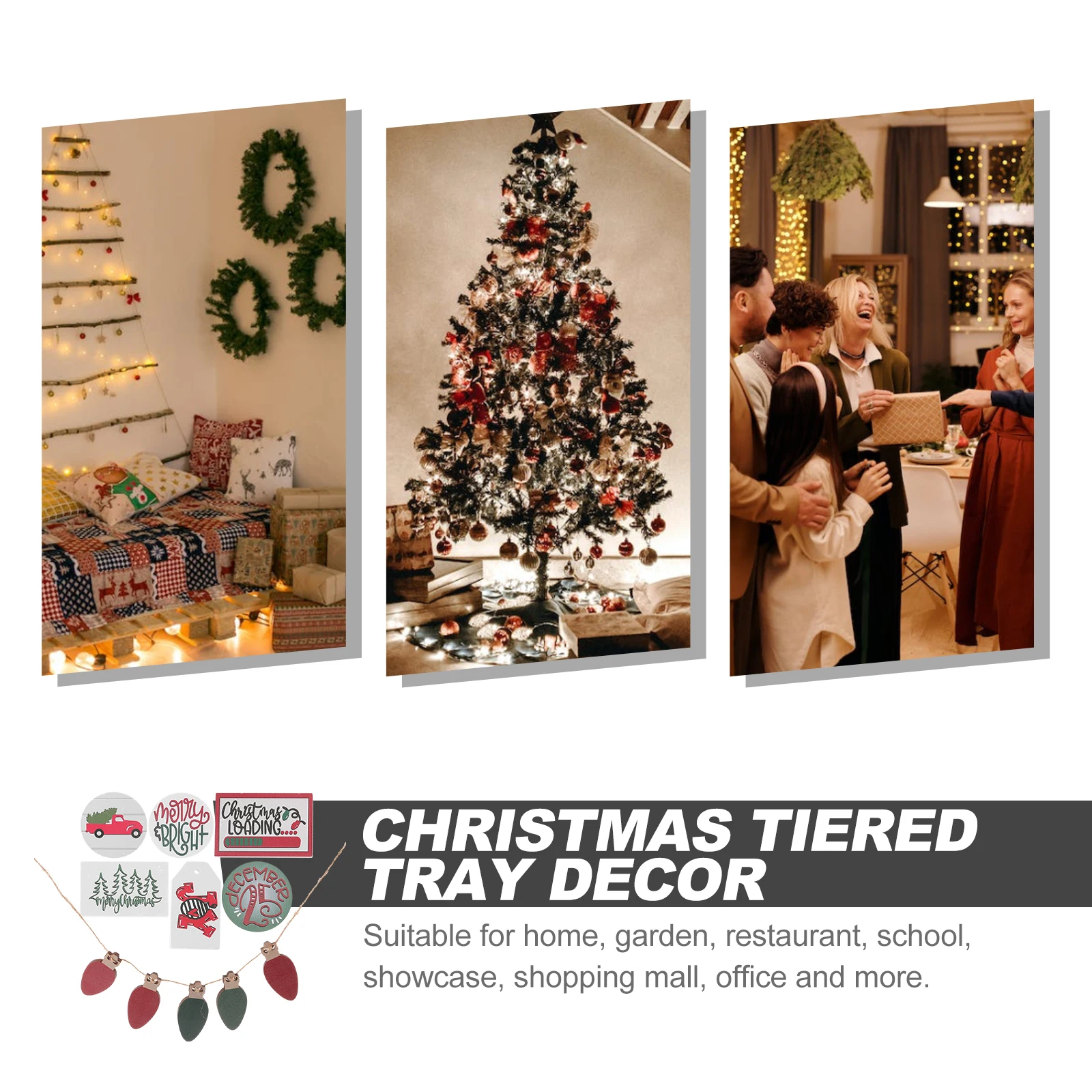 

1Set Christmas Tiered Tray Decor Wooden Farmhouse Rustic Xmas Table Signs Winter Decorations Snowman Party Supplies Tabletop