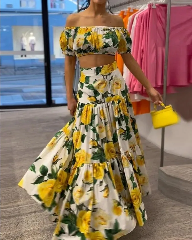 Skirt Set Women Two Piece Sets Print Floral Dress Sets Off Shoulder Short Sleeve Tops A Line Long Maxi Skirts Sexy High Waist