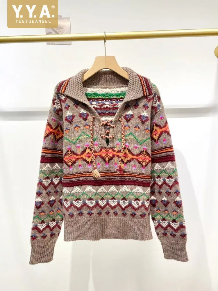 

Designer Fashion Women Handmade Turn Down Collar Knit Wool Pullover Knitwear Coat Office Elegant Lady Slim Fit Soft Sweater Tops