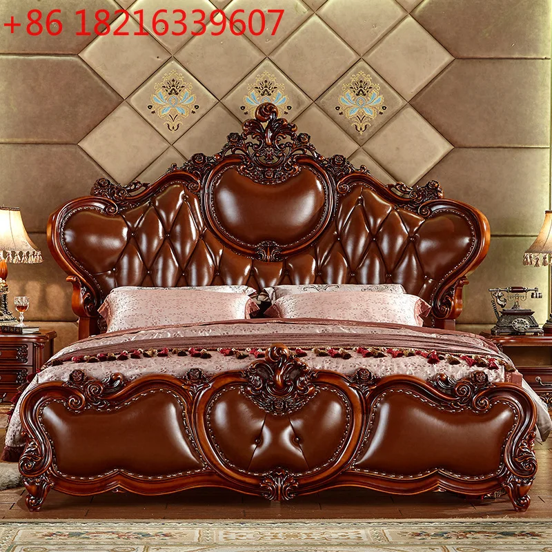 

European solid wood double 1.8 meters home master bedroom European and American style leather carved wedding luxury villa