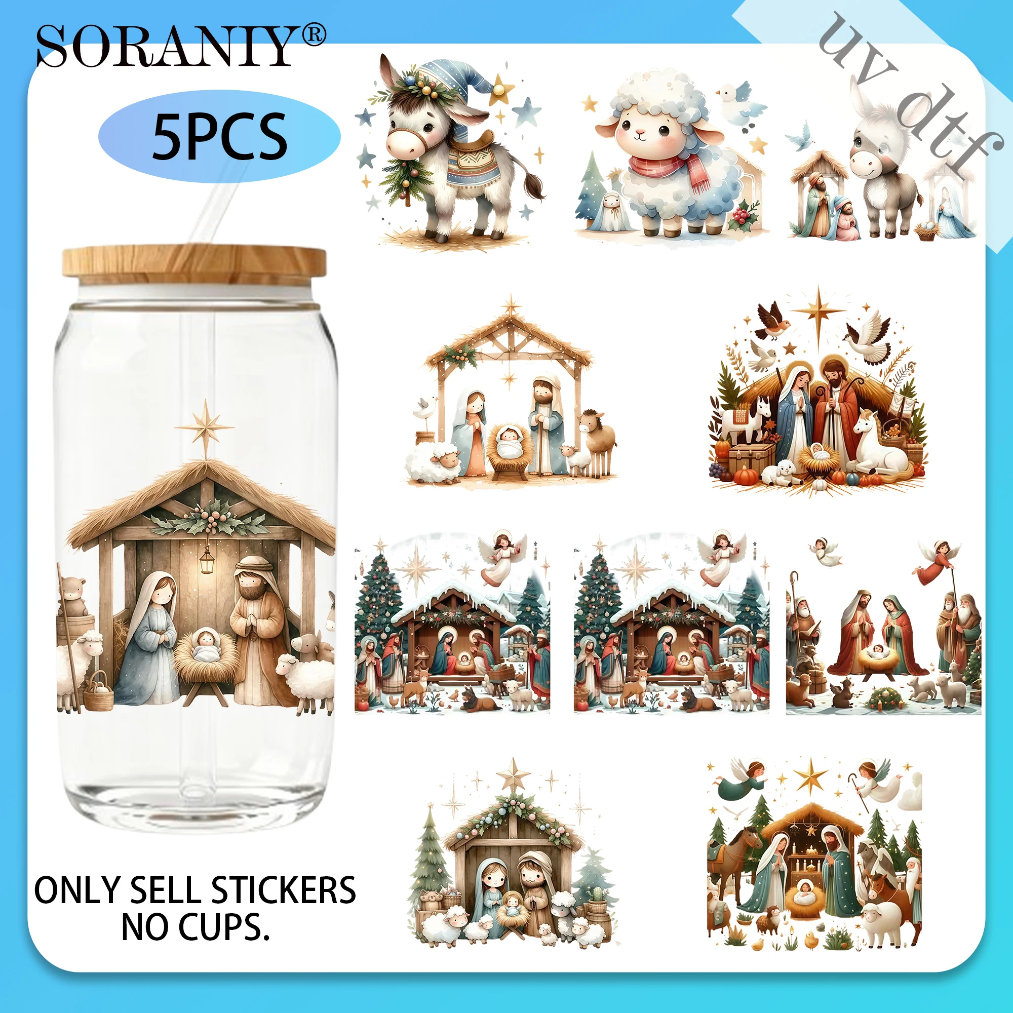 UV DTF 16OZ DIY Transfer Stickers - 5 Pieces/Set Scene of the Birth of Jesus Theme 16 Oz Glass Jar Packaging Transfer Decorative