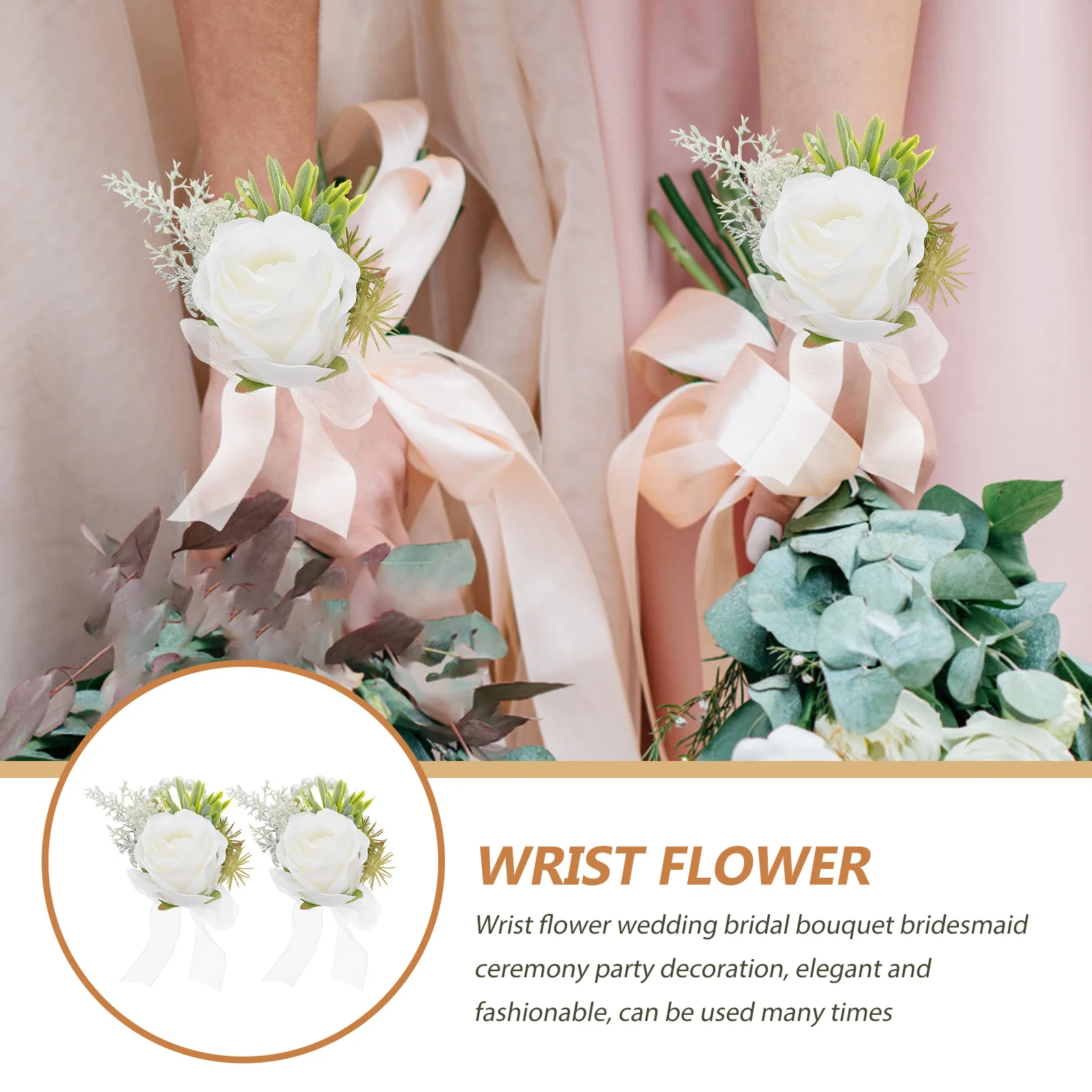 Fleurs de poignet blanches, 2 pièces, décoration de poignet Portable élégante pour mariage, Corsage de mariée, accessoire de fête, fourniture de fleurs simulées
