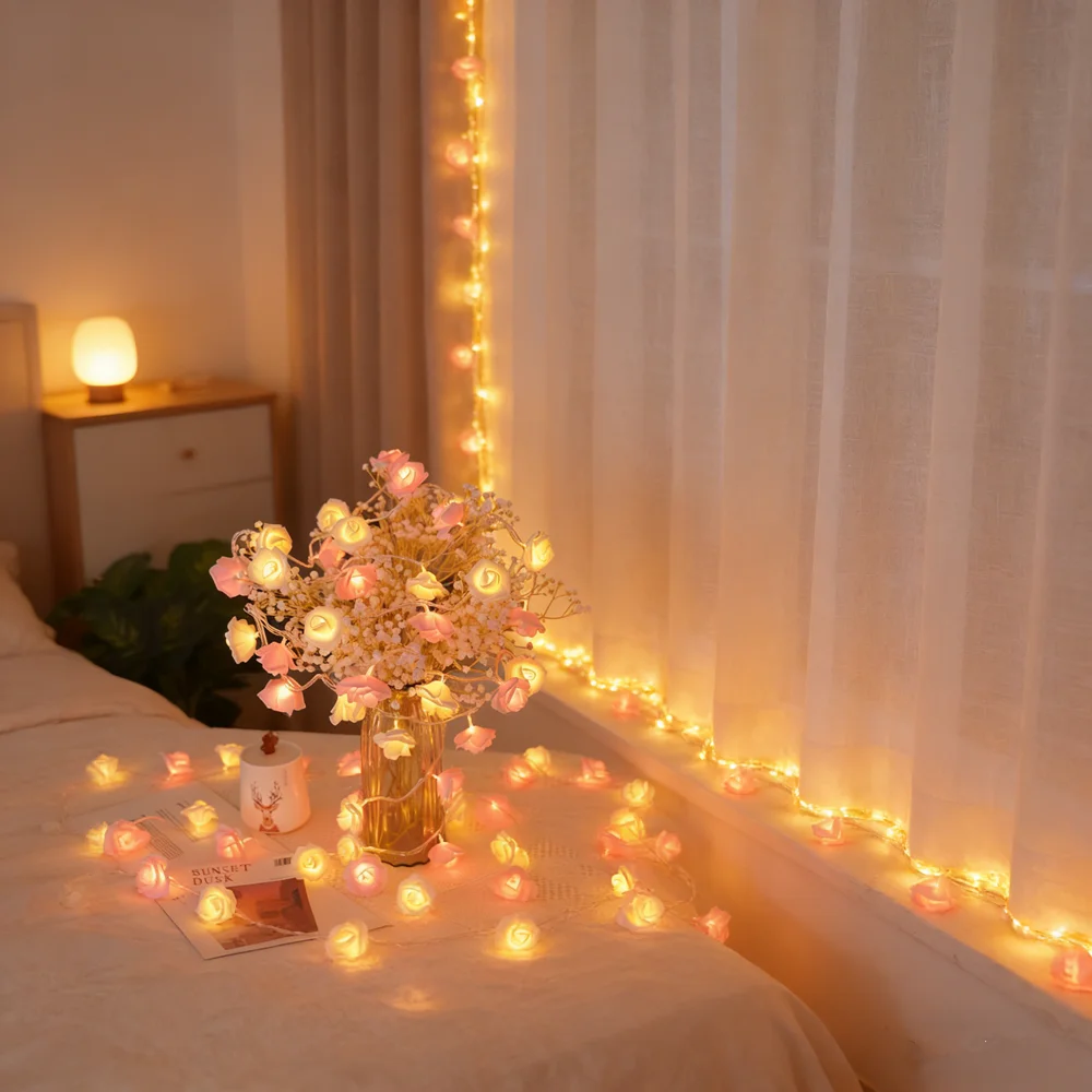 20LEDs Festoon Rose Flower Fairy String Light Wedding Garland Lights Home Bedroom Decoration Battery for Party Mother's Day