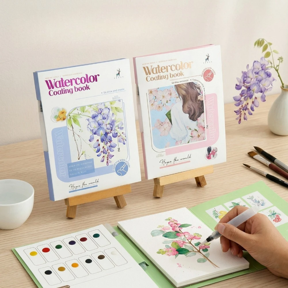 New Adult Watercolor Painting Books 3-Folds Layout with Included Pigments Relaxing DIY Coloring Pages Portable Hand-Painted Arts