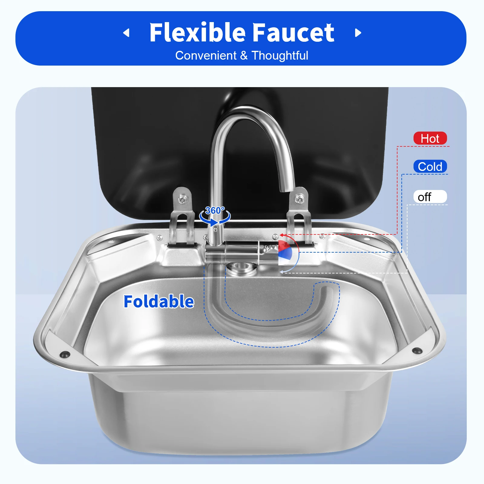 Évier de caravane, lavabo de camping-car, lavabo pour se laver les mains, avec robinet en acier inoxydable, rectangulaire 41*36.5*16cm pour camping-cars