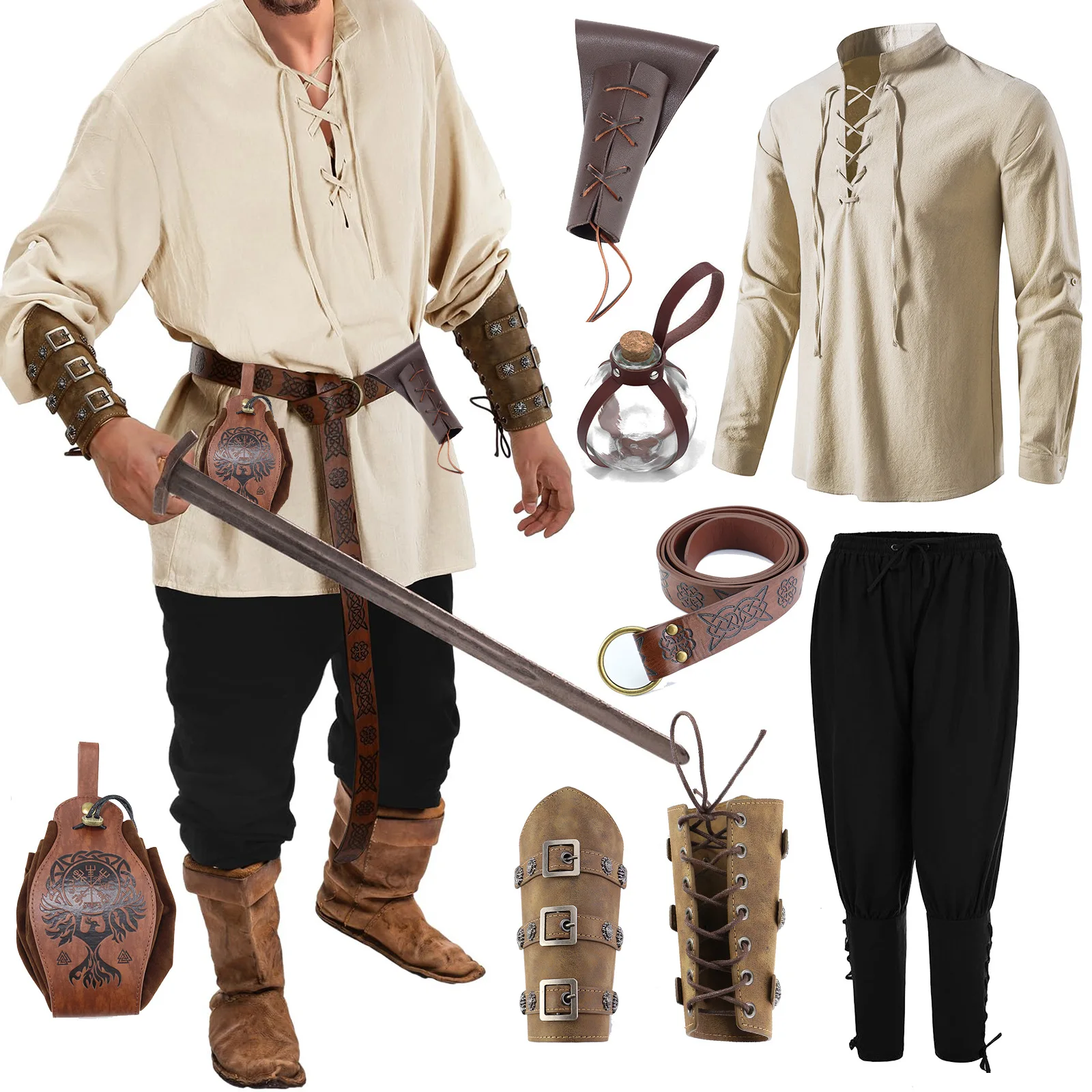 

A Must-have for Halloween Men's Cosplay! Renaissance Period Costume Set with Medieval Pirate Shirt & Accessories