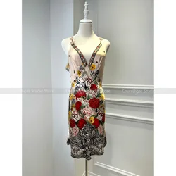 Australian niche noblewoman silk V-neck waisted printed holiday style skirt dress