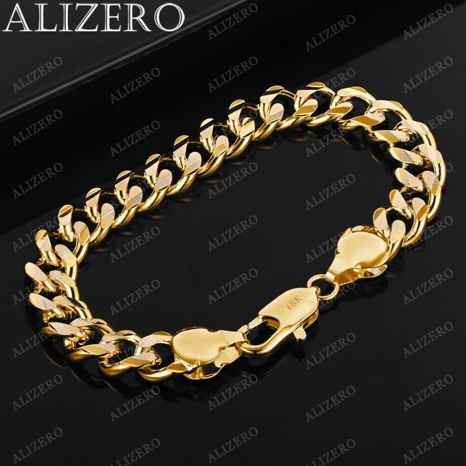 

ALIZERO 925 Sterling Silver 18K Gold Plated Lobster Buckle 10MM Cuban Chain Bracelet For Men Women Fashion Accessories Jewelry