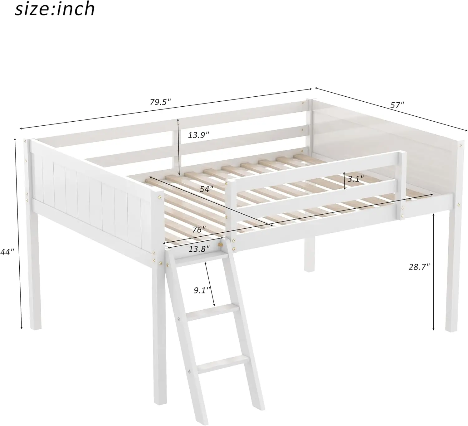 Full Loft Bed For Kids, Low Loft Bed Full, Wood Loft Bed With Ladder For Boys Girls, Full Size, White