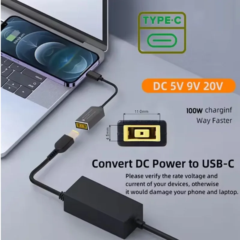 100W USB C Fast Charging Cable for Lenovo Laptop Charger DC Jack Square Plug To Type-C PD Adapter Converter for Tablet Notebook