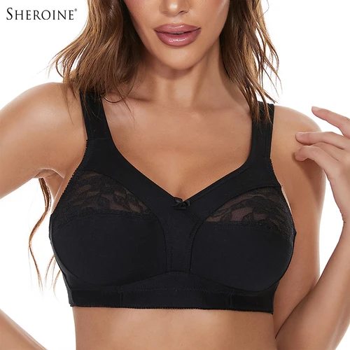 Sheroine Sujetador de algodón sin aros de talla grande, encaje floral, cobertura total, sin relleno, ultrafino, suave, cómodo, soporte diario para mujer