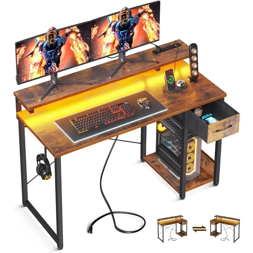 Gaming Computer Desk W/ Power Outlet & LED Light Strip, 48 Inch Home Office Desk W/ Adjustable Monitor Stand, Brown USA NEW