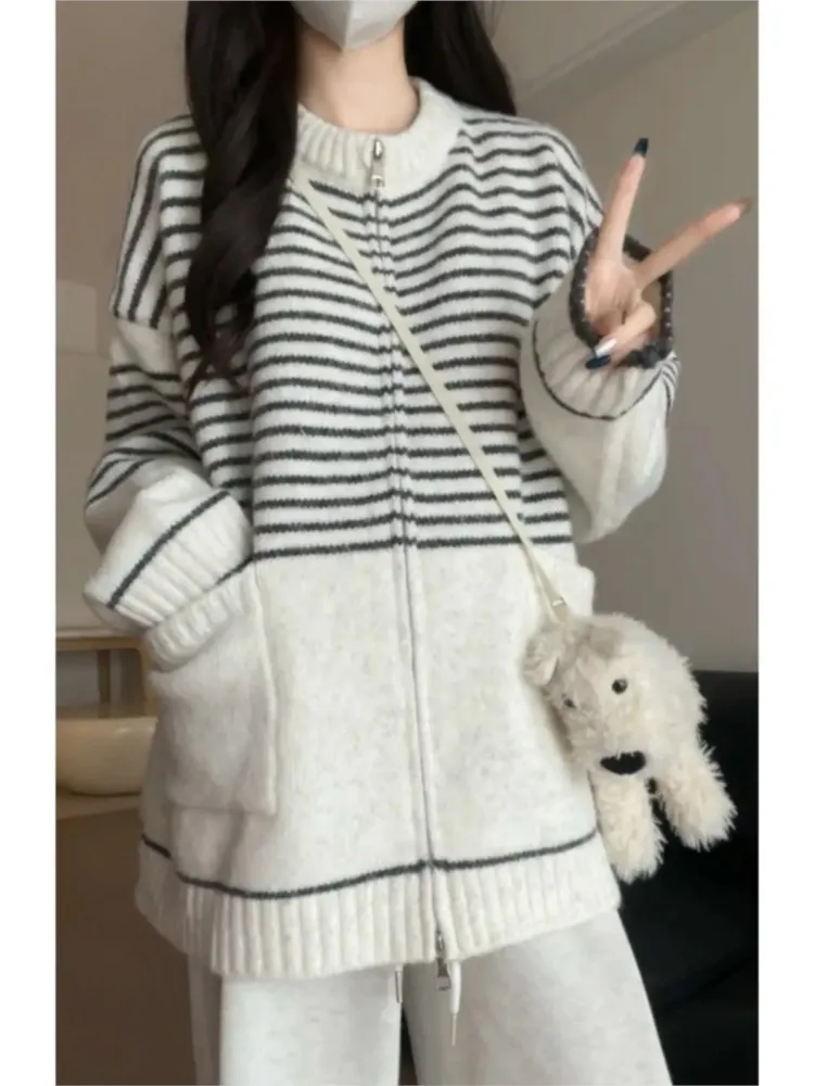 Gestrickte Gestreifte Druck Herbst Strickjacke Frauen Koreanischen Stil Lose Mode Langarm Damen Strickjacken Casual Frau Pullover Mäntel