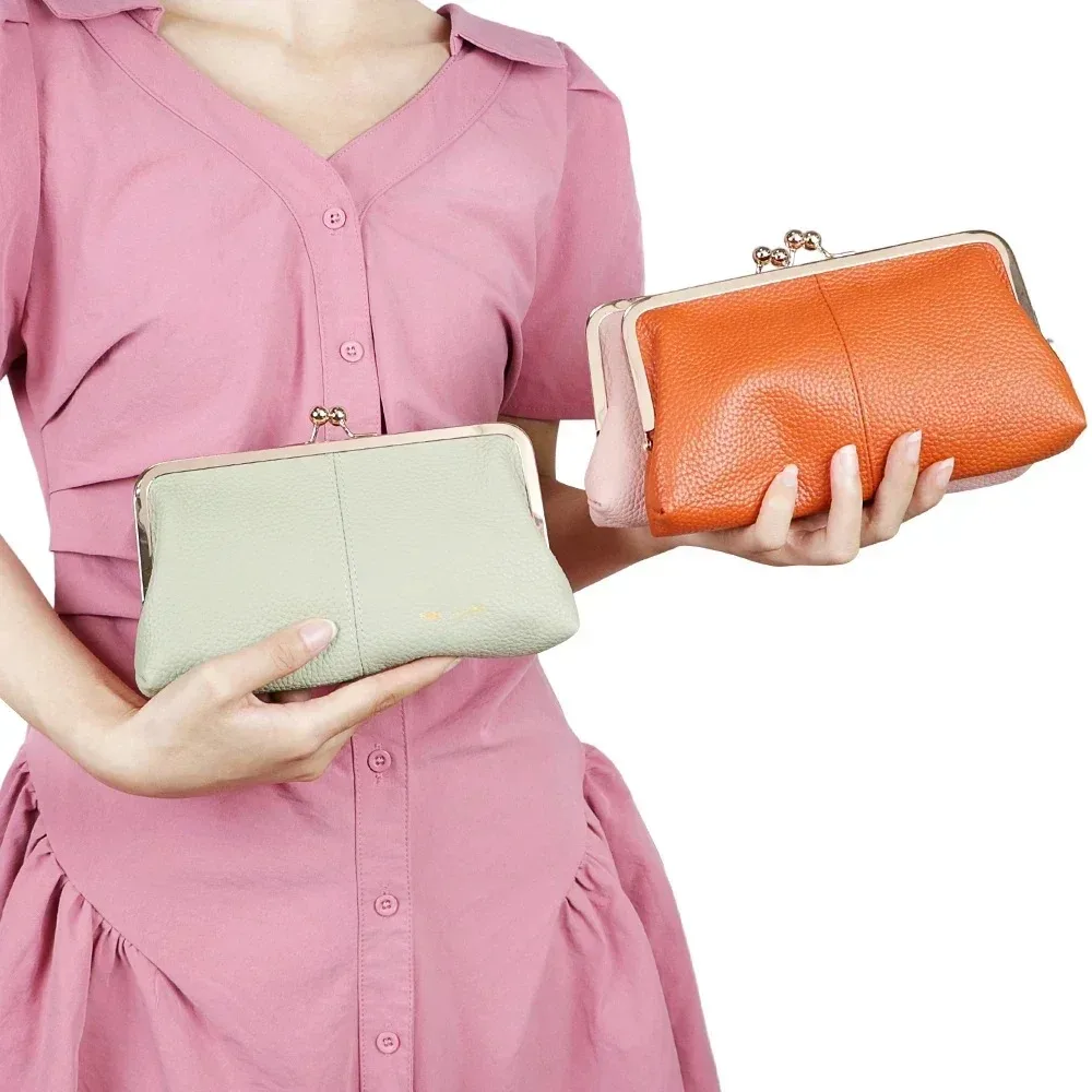 URBAN MASTER Fashion RFID Kiss Lock Wallet Solid Color Multi-card Slots Card Holder Genuine Leather Clutch Purses for Women 1468
