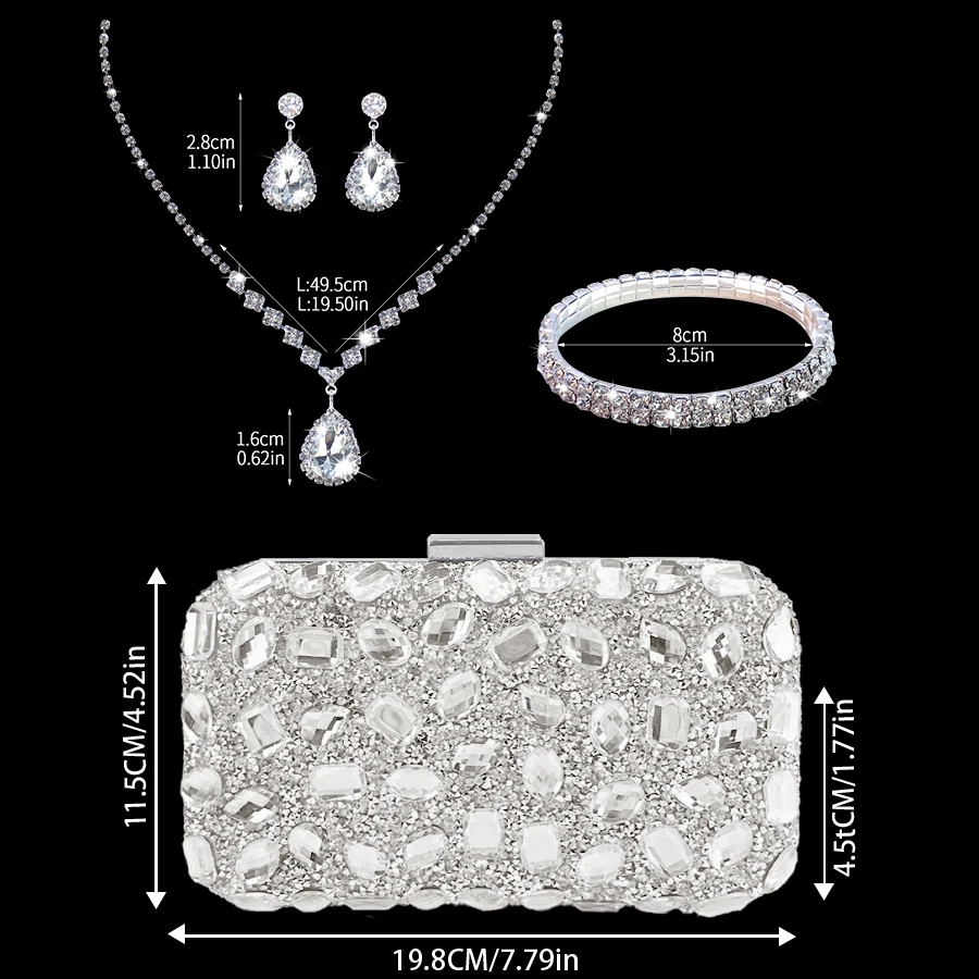 حقيبة صندوق السهرة الأنيقة والفاخرة المصنوعة من حجر الراين، مقترنة بالأقراط والسوار والقلادة، هي الهدية المثالية للفتيات #5