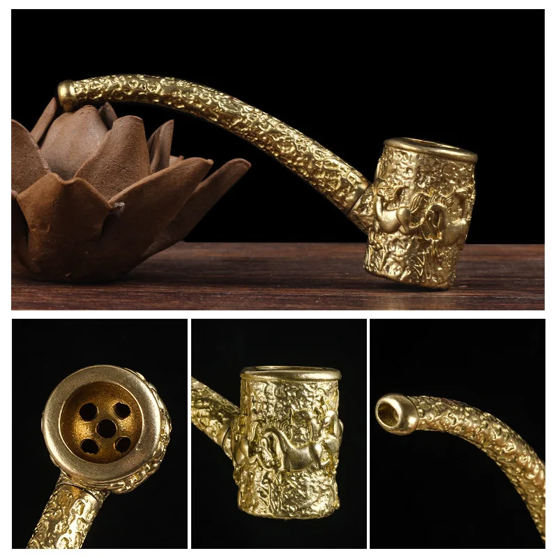 Vintage Brass Tobacco Pipe with Hand-engraved Horse and Compact Design