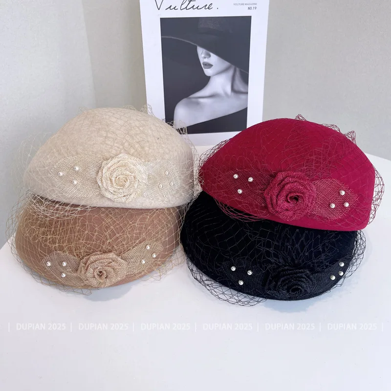 New Cashmere Wool Flower Hat with Veil British Style Temperament Fascinator Hat Lady Bride Formal Hat