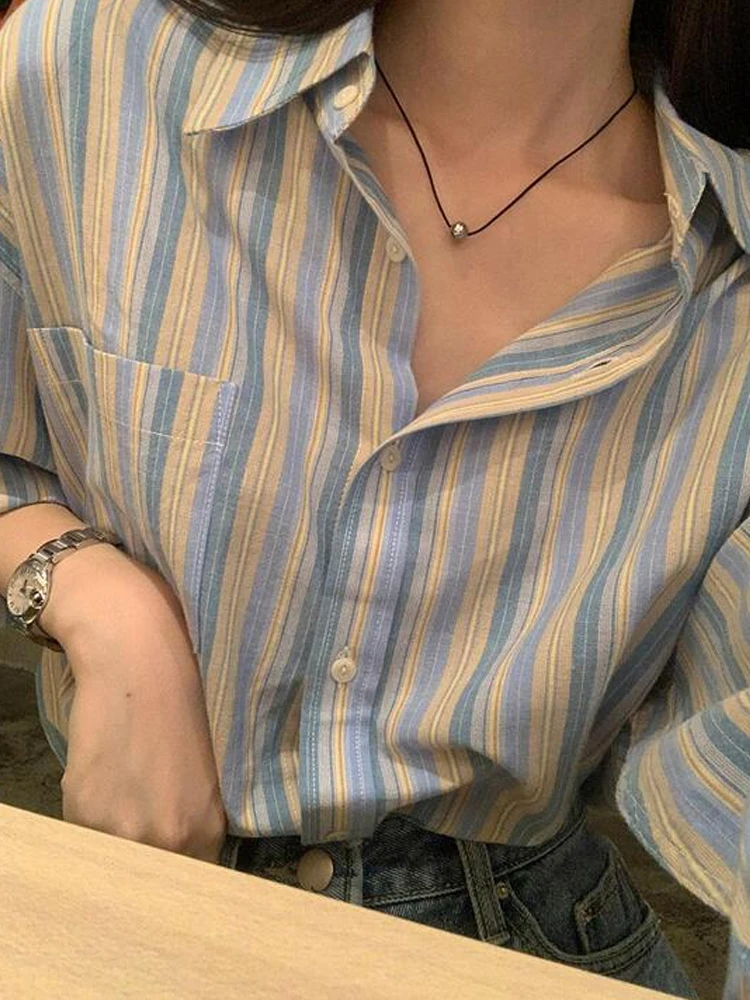 قميص نسائي فضفاض بأكمام طويلة وتصميم مخطط عتيق، ملابس خارجية كاجوال للربيع والخريف بياقة بولو، مريح وقابل للتنفس