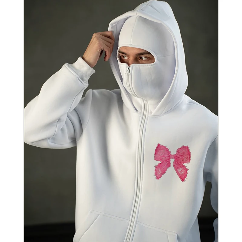 

Kawaii Bow Print Hip Hop Men's Hooded Super Fashion Punk Y2k Street White Hooded Full Zipper Coat Harajuku Retro Coat Sudaderas