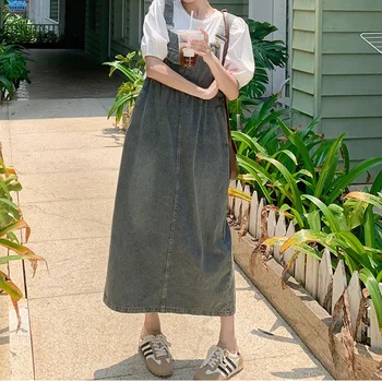 여성 시크한 한국 스타일 데님 서스펜더 스커트, 여성 빈티지, 다목적, 루즈 원피스, 레이디 패션, 블루 스커트, 라지 사이즈, 여름