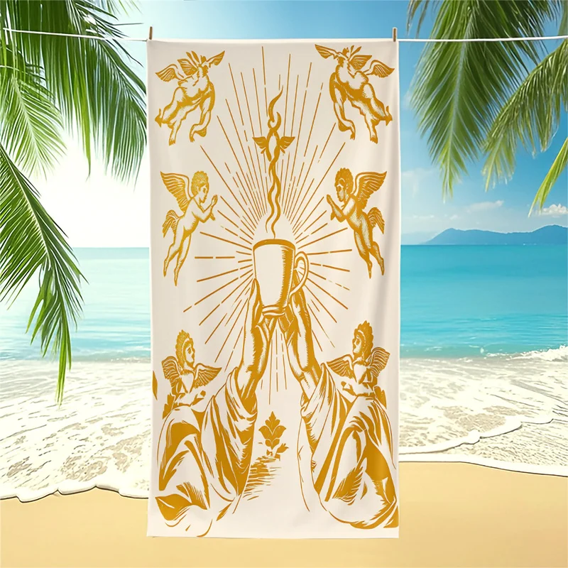 Fashion Sacred Coffee Beach Towel Golden Sunburst Angel Hands Holding Coffee Cup Print Swim Towel Quick Dry Travel Bath Towels