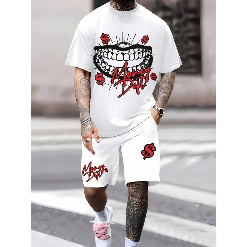 2025 3D Pattern T-shirt Shorts Set for Casual Men's Outdoor Sports Summer Fashion Trend Street Polyester Fiber Wear Daily